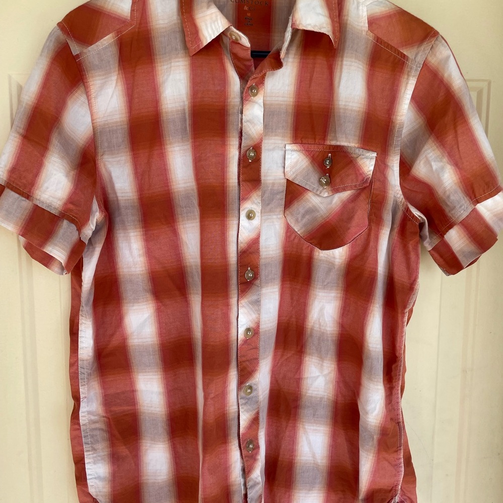 Comstock & Co Mens Short Sleeve Plaid Shirt M Orange